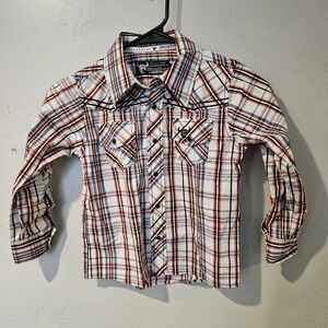 Cowboy Hardware Boys 4T Orange Blue White Plaid Long Sleeve Shirt Western Rodeo
